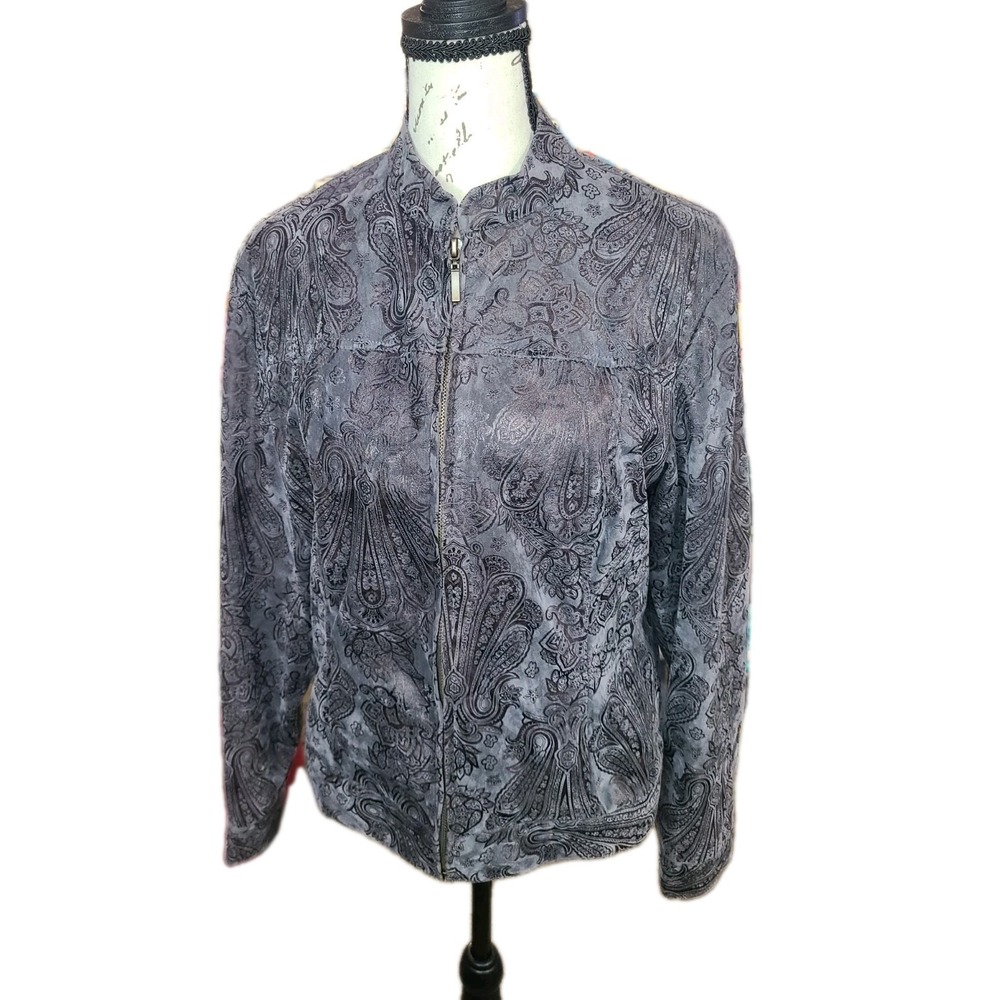ELCC Womens Jacket Size Small Gray Paisley Embossed Velvet Look‎ Zip Front Lined